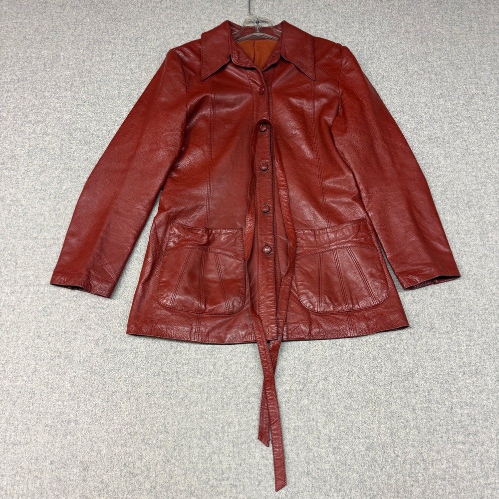 Friitala Leather Jacket Size 40 Red Vintage 70s Belted Coat Made in Finland 1676